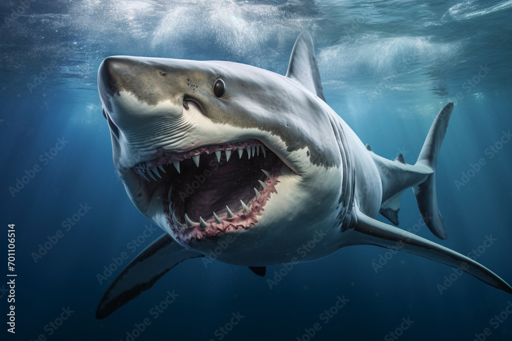 Naklejka premium Great white shark lunging underwater with its jaws open.