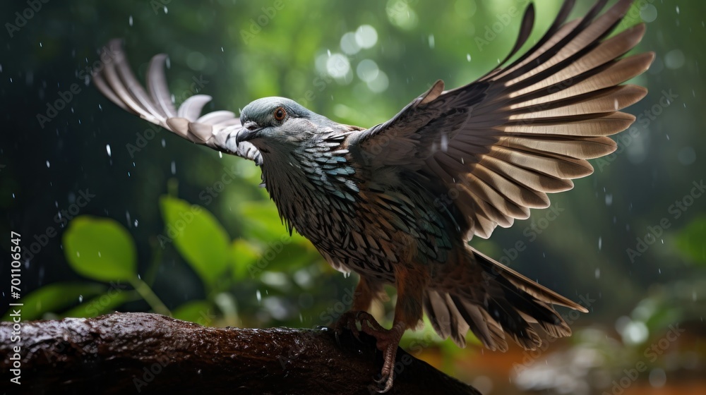 Fototapeta premium Pigeon on a branch with rain drops in the background
