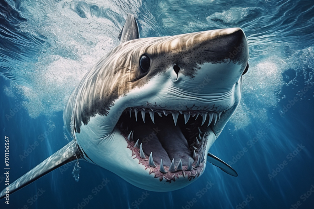 Obraz premium Great white shark lunging underwater with its jaws open.