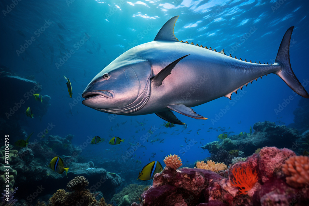 Fototapeta premium Sea Turtle swimming underwater. Animal side portrait.