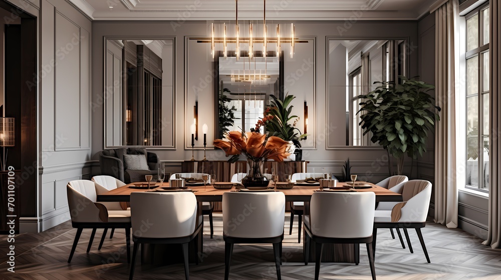 Stylish dining area with a blend of classic and modern design elements, creating a timeless aesthetic