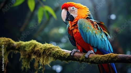 Scarlet macaw sitting on a branch in the rainforest