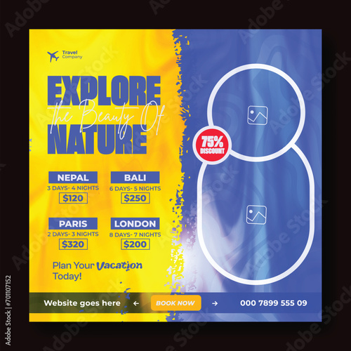 Travel and tour ads promotional social media post design, advertising web banner illustration