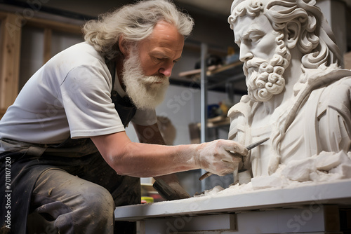 Stone mason making a marble sculpture, stone carving, stonemason © MrJeans
