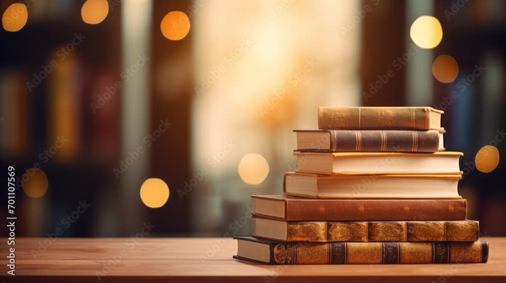 Stack of books on wooden table in library with bokeh background Stack of books on wooden table in library with bokeh background