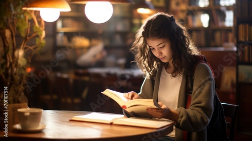 Young woman reading a book in a cafe. Education and leisure concept