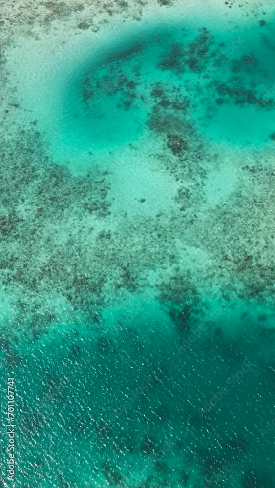 Top view of coral reefs and lagoons with sunlight reflection over the