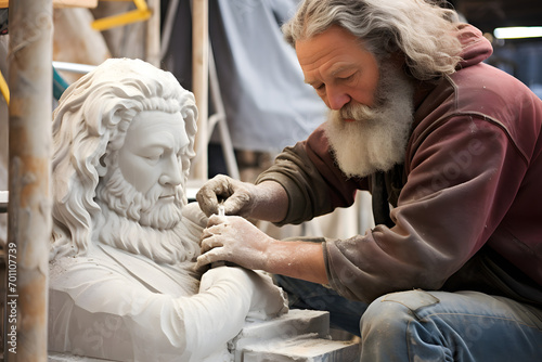 Stone mason making a marble sculpture, stone carving, stonemason