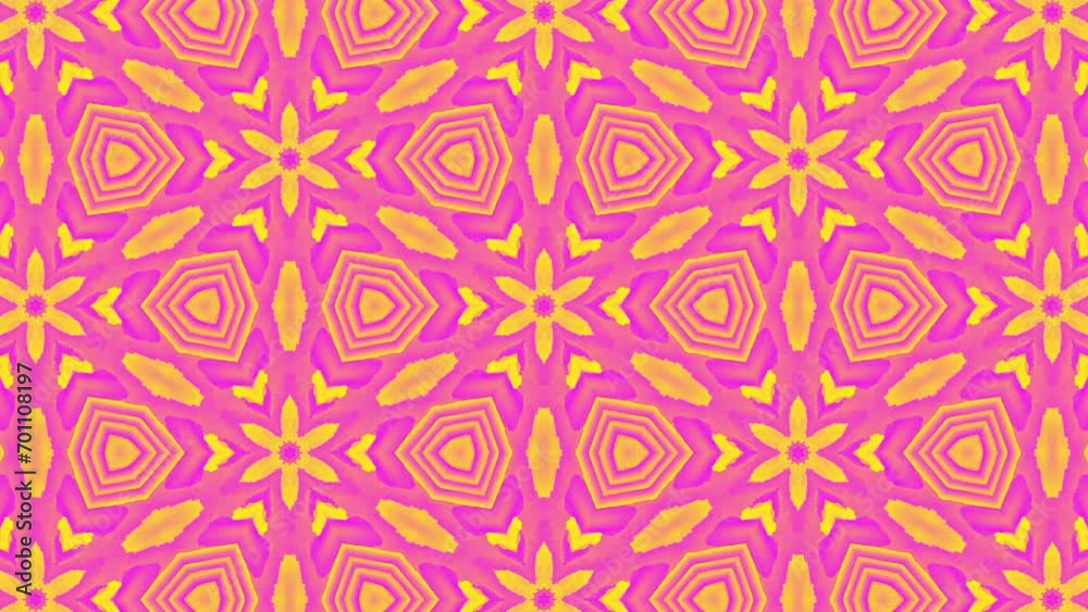An animated hot pink and golden yellow kaleidoscopic pattern on a vibrant pink background, with a looping geometric dance. An animated hot pink and golden yellow kaleidoscopic pattern on a vibrant pink background, with a looping geometric dance.