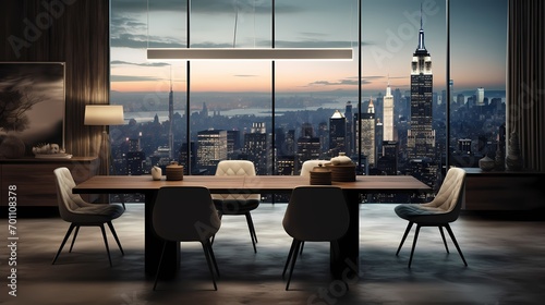 Stylish dining room with a monochromatic color scheme, sleek furniture, and a captivating city skyline as a backdrop © CREATER CENTER