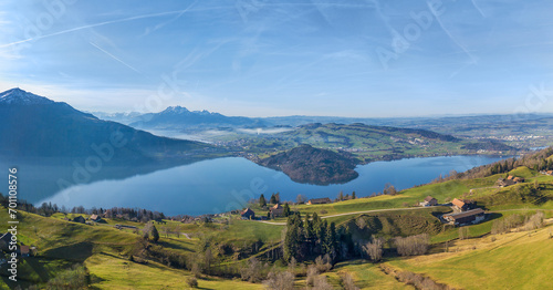 Aerial view of the Lake of Zug in central Switzerland with the famous Alpen peaks Rigi and Pilatus at the background photo