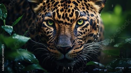 A male jaguar with green eyes stalks prey hiding in the forest bushes.