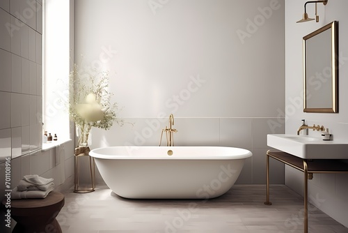 Stylish mid-century Copenhagen bathroom with a freestanding tub  brass fixtures  and a balanced design aesthetic