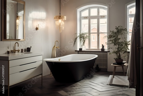 Stylish mid-century Copenhagen bathroom with a freestanding tub  brass fixtures  and a balanced design aesthetic
