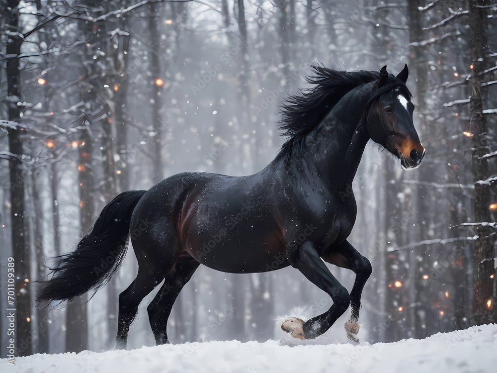 Wild Horse Running Through Snowcovered Field. Generative AI