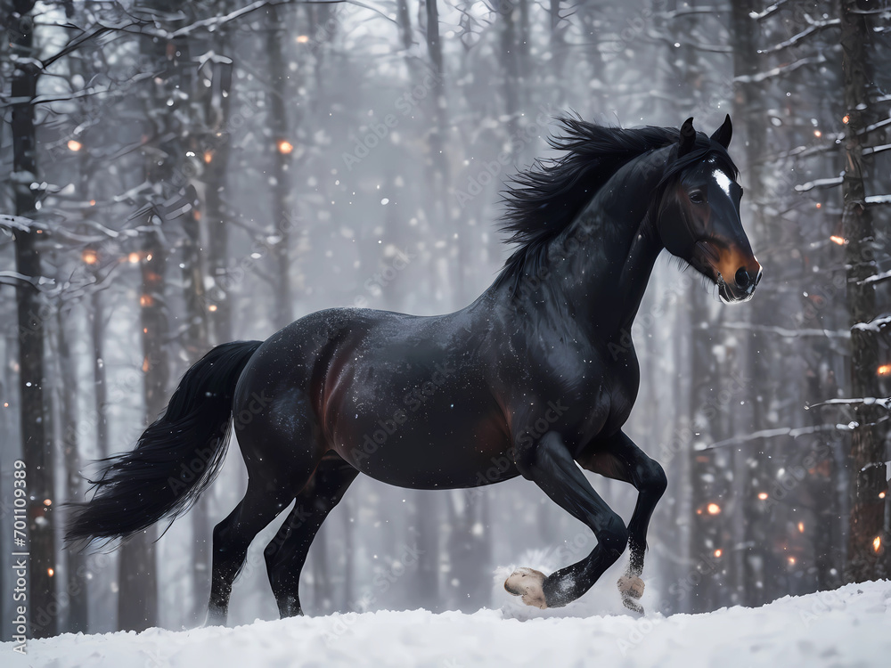 Wild Horse Running Through Snowcovered Field. Generative AI Wild Horse Running Through Snowcovered Field. Generative AI