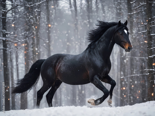 Wild Horse Running Through Snowcovered Field. Generative AI © Foxgrafix