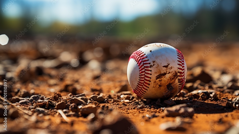 a baseball in the dirt with the base in focus.