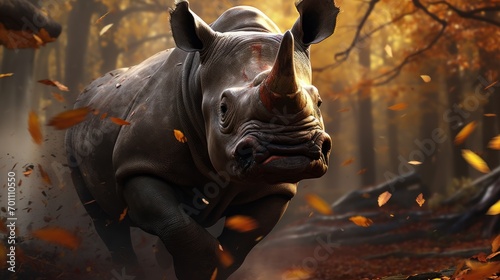 Black rhinoceros in the autumn forest
