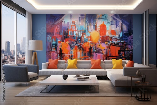 A contemporary living room with a 3D intricate colorful wall featuring an artistic interpretation of a cityscape.