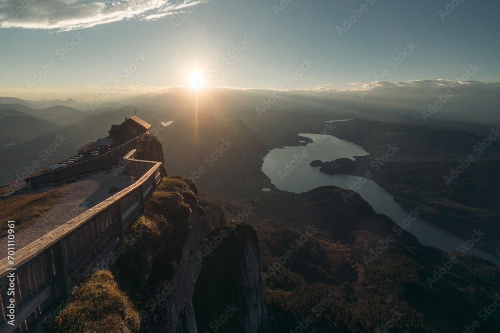 Fototapeta premium Schafberg mountain top with hut at sunset, Salzburg Land, Austria