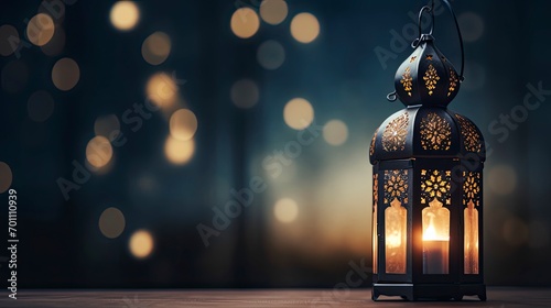 Ramadan Lantern in low light mode with arabesque background, copy space with generative ai photo