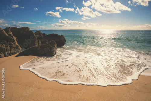 Rocky seascape on a sunny day, view of sunny bay. Galapinhos beach, Setubal, Portugal photo