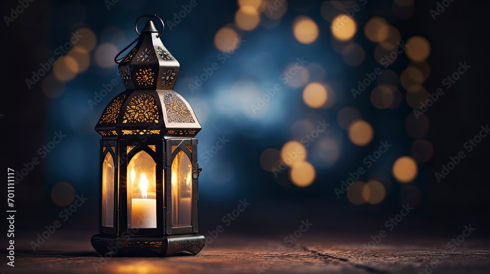 Ramadan Lantern in low light mode with arabesque background, copy space with generative ai Ramadan Lantern in low light mode with arabesque background, copy space with generative ai