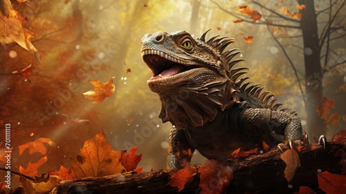 Iguana in the forest with autumn leaves © Ali