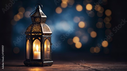 Ramadan Lantern in low light mode with arabesque background, copy space with generative ai photo