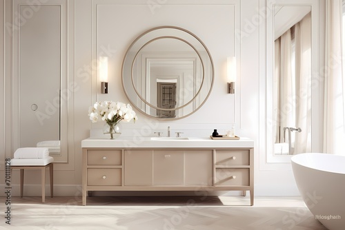 Timelessly chic modern classic minimalist bathroom with a vanity mirror  elegant sink  and neutral color scheme