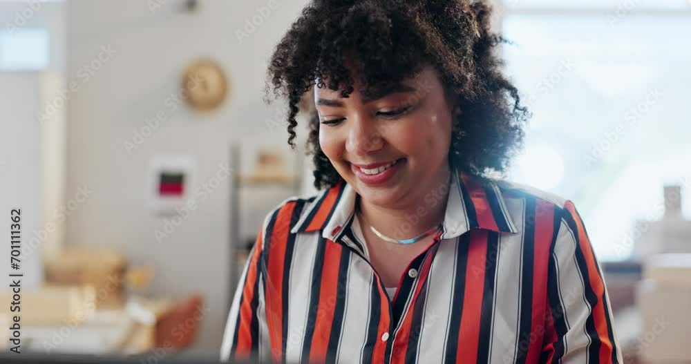 Woman, laptop and typing with reading, boxes and data analysis and smile for networking on web. Small business owner, cardboard package and happy by computer, planning and brainstorming for ideas