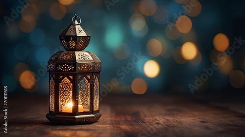 Ramadan Lantern in low light mode with arabesque background, copy space with generative ai photo