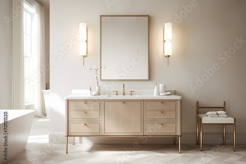 Timelessly chic modern classic minimalist bathroom with a vanity mirror, elegant sink, and neutral color scheme © CREATER CENTER