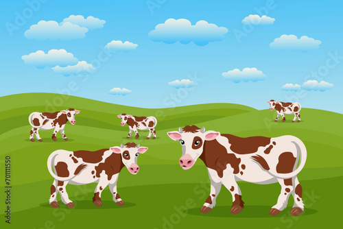 Cute spotted cows in the pasture  summer landscape. A herd of cows is grazing in the meadow. Poster  banner  illustration  vector