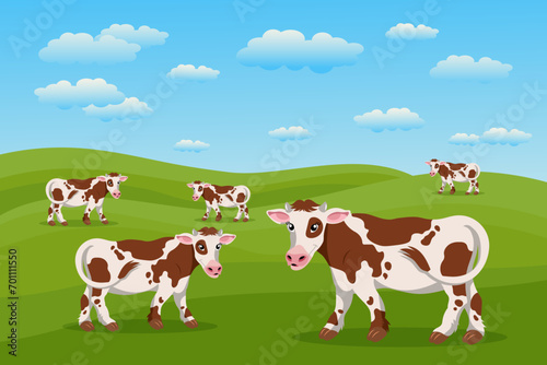 Cute spotted cows in the pasture, summer landscape. A herd of cows is grazing in the meadow. Poster, banner, illustration, vector