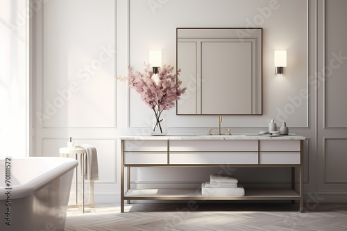 Timelessly chic modern classic minimalist bathroom with a vanity mirror, elegant sink, and neutral color scheme
