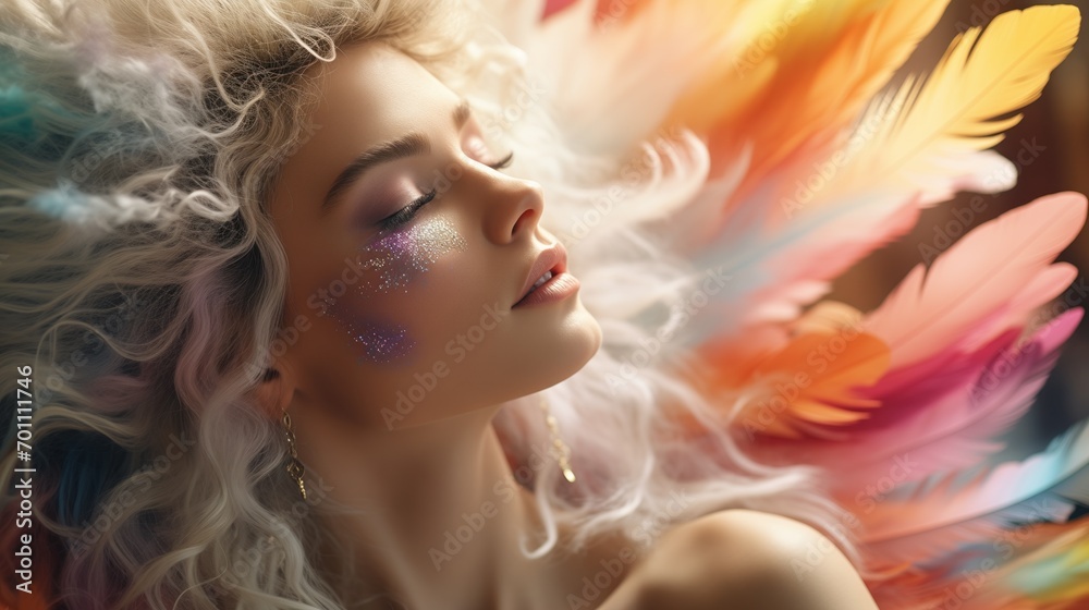 blonde rainbow woman, real photo of a cinematic frame, beautiful female, colorfull portrair, shiny skin, clear skin, colorfull background, generative ai