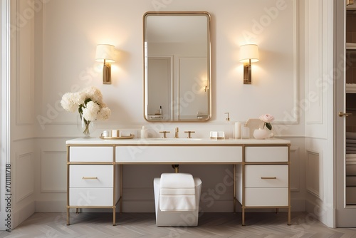 Timelessly chic modern classic minimalist bathroom with a vanity mirror, elegant sink, and neutral color scheme photo