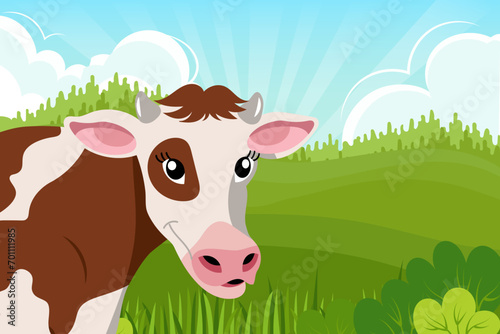 Cute spotted cow is smiling on the background of a summer landscape. Illustration for children  vector