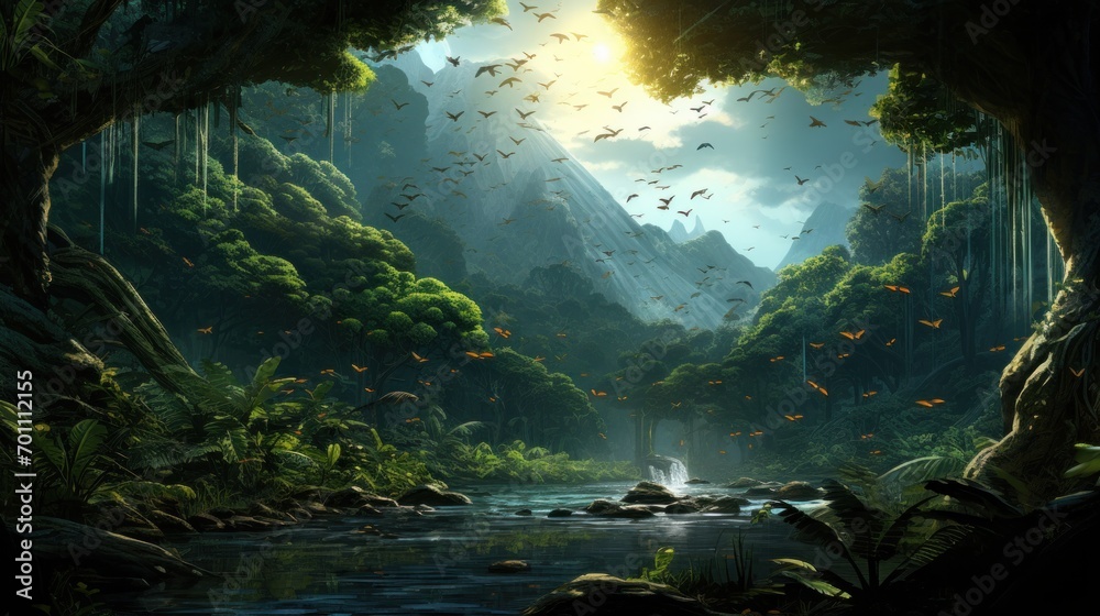 Fantasy landscape with a waterfall and a tropical forest
