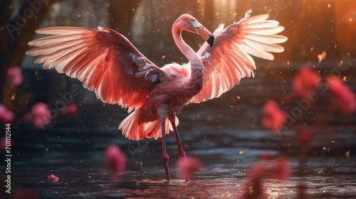 Flamingo flying in the water on a background of pink flowers