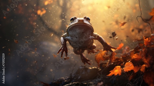 Frog in the autumn forest. Toad in the autumn forest