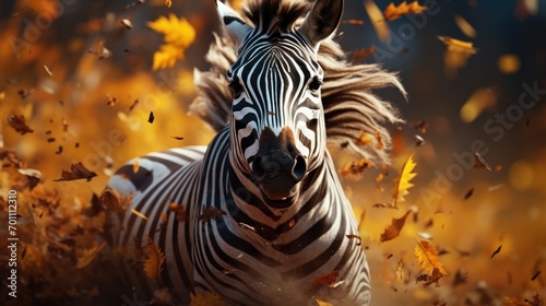 Zebra portrait with autumn leaves in the background © Bilal