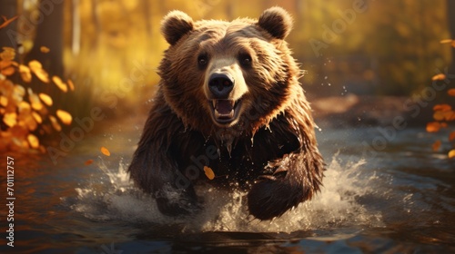 Brown bear running in the autumn forest. Dangerous animal in nature © Ashfaq
