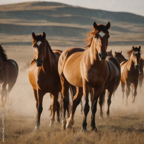Wild horses standing on steppe 