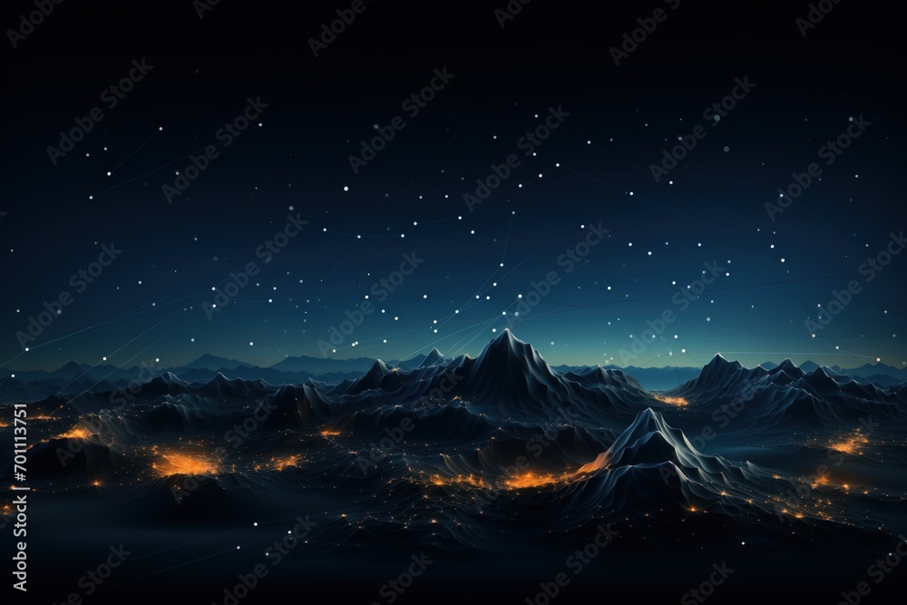 illustration lines on night skye, Mountains night dark background, stars in skye, beautiful skye, generative ai
