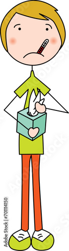 Cartoon illustration of a sick boy with a thermometer in his mouth, holding a box of tissues