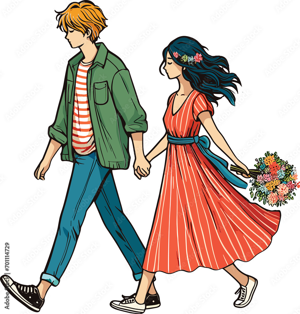 A romantic illustration of a Couple walking hand in hand, Valentine's Day, lovely