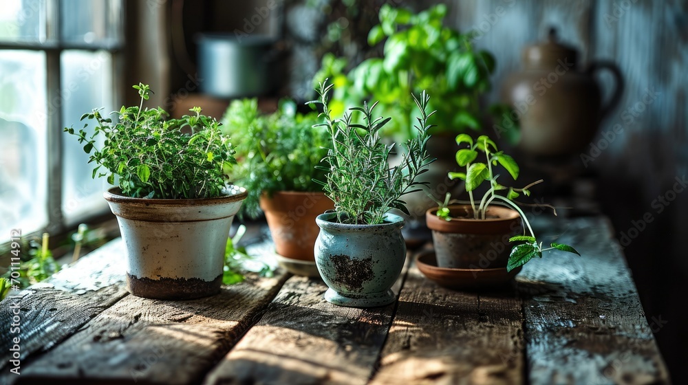 a small herb garden on a wooden table in a garden shed a small herb garden on a wooden table in a garden shed